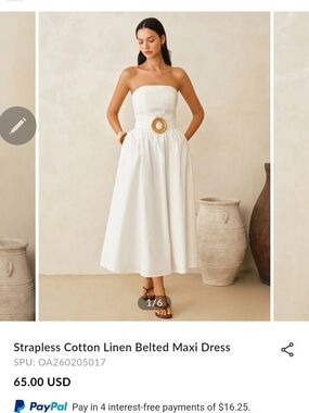 Strapless White Cotton-Linen Belted Maxi Dress nwt COMMENSE